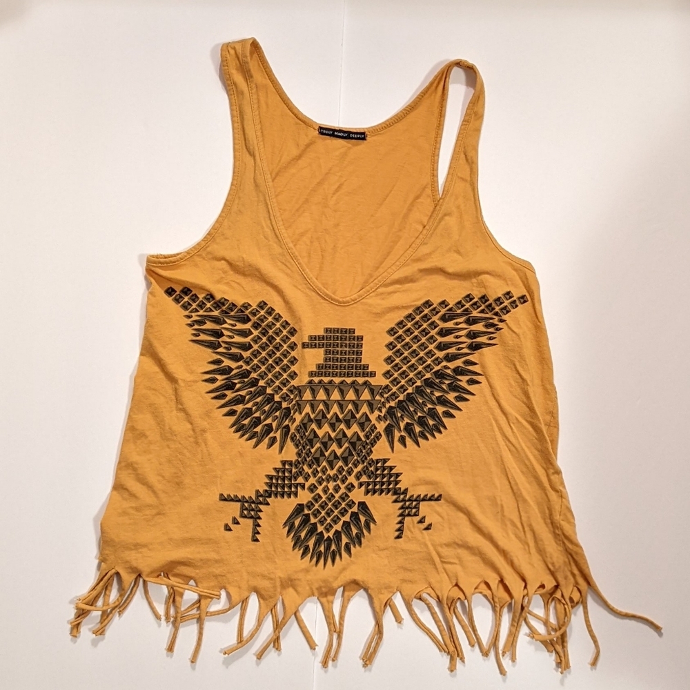 Adorable yellow truly madly deeply cut off tank with Fringe and an eagle!  Med.